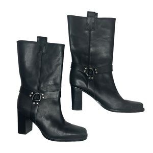 Vintage Apostrophe Leather Harness Square Toe Heeled Biker Boots